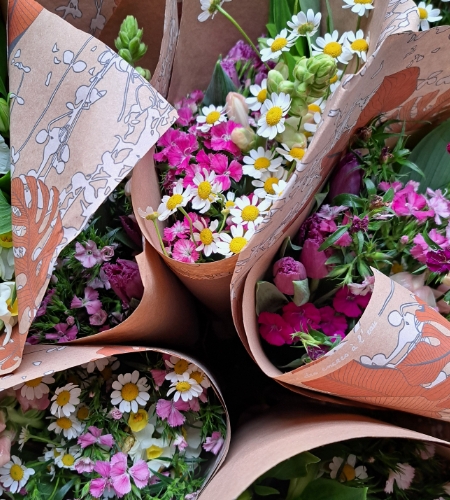 Bunches of pink and white British grown blooms from The Watering Can Florist