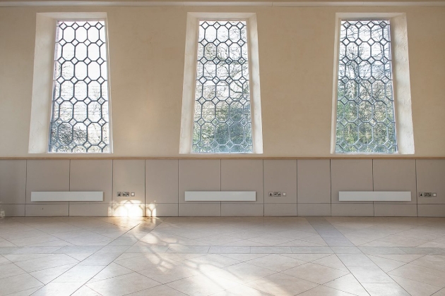 The Samuel Worth Chapel interior with stunning leaded windows