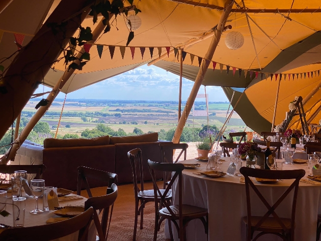 tipi wedding venue at Yorkshire Lavender with stunning view across Yorkshire countryside