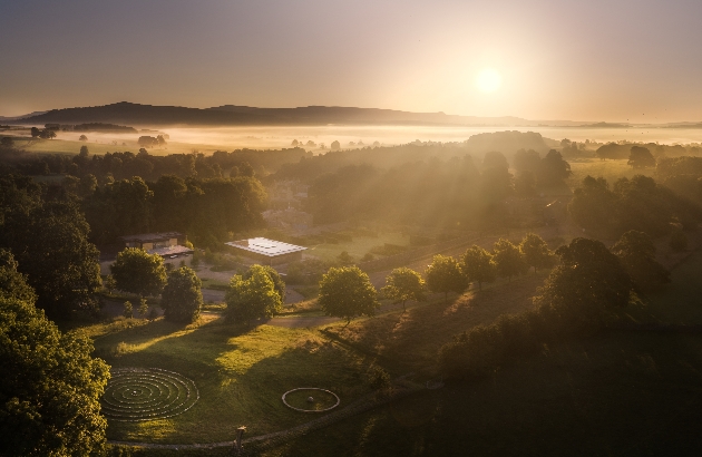 Aerial shot of Broughton Sanctuary in Yorkshire at sunset