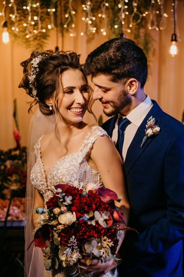 bride and groom with winter wedding theme